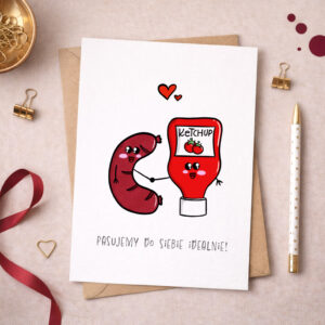 Kartka walentynkowa kiełbasa i ketchup "Pasujemy do siebie idealnie"