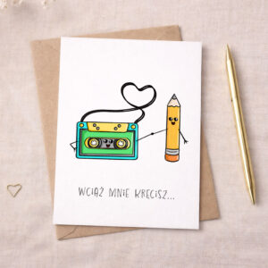 Kartka walentynkowa vintage z kasetą i ołówkiem "wciąż mnie kręcisz"