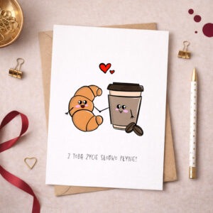 Kar5tka walentynkowa rogal i kawa z napisem "Z Tobą życie słodko płynie"